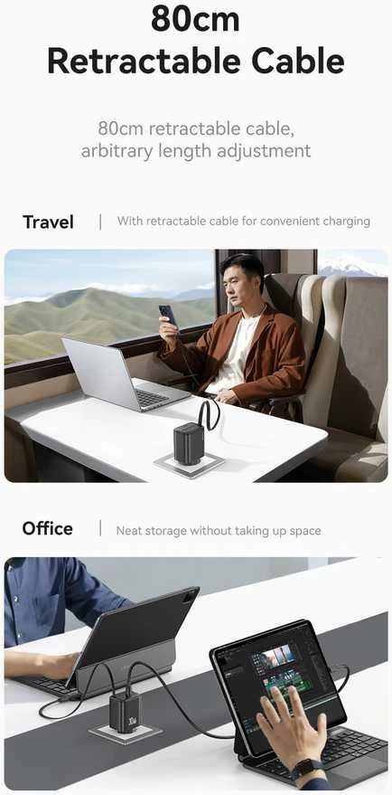 USAMS įkroviklis 1xUSB-C su ištraukiamu USB-C PD+QC 30W Gan greitas įkrovimas baltos spalvos