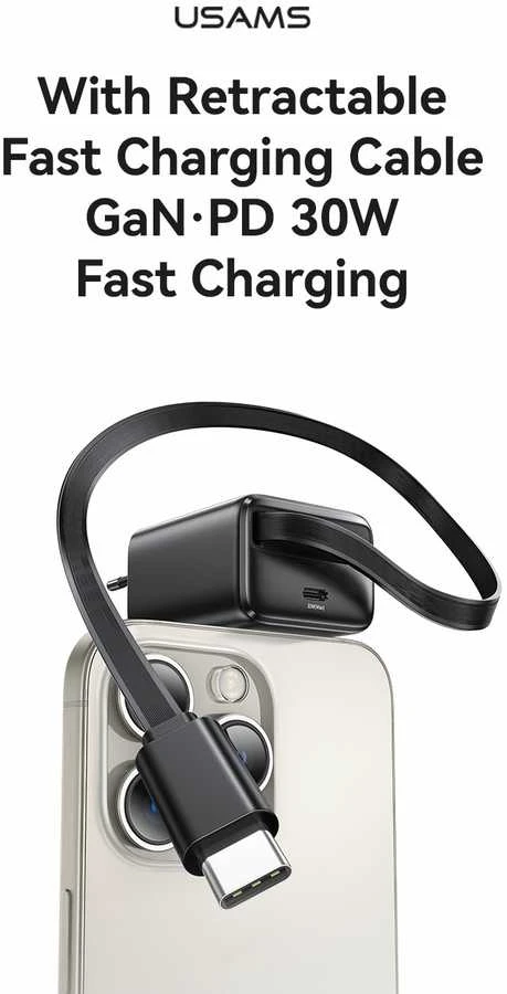 USAMS įkroviklis 1xUSB-C su ištraukiamu USB-C PD+QC 30W Gan greitas įkrovimas baltos spalvos