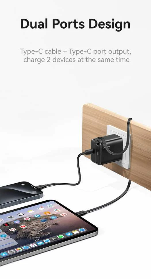 USAMS įkroviklis 1xUSB-C su ištraukiamu USB-C PD+QC 30W Gan greitas įkrovimas baltos spalvos