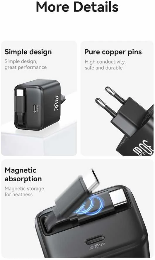 USAMS įkroviklis 1xUSB-C su ištraukiamu USB-C PD+QC 30W Gan greitas įkrovimas baltos spalvos