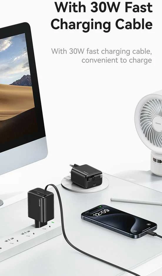 USAMS įkroviklis 1xUSB-C su ištraukiamu USB-C PD+QC 30W Gan greitas įkrovimas baltos spalvos
