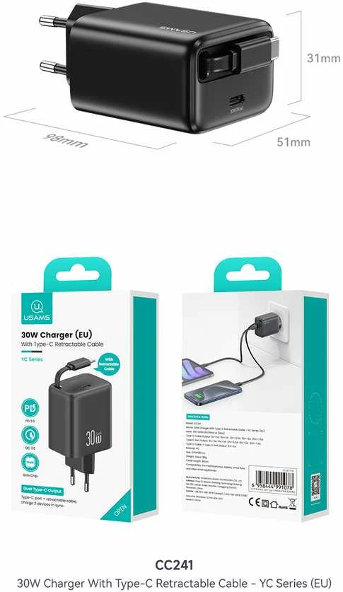 USAMS įkroviklis 1xUSB-C su ištraukiamu USB-C PD+QC 30W Gan greitas įkrovimas baltos spalvos