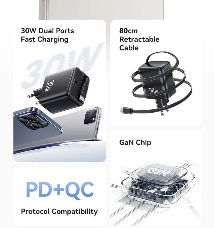 USAMS įkroviklis 1xUSB-C su ištraukiamu USB-C PD+QC 30W Gan greitas įkrovimas baltos spalvos