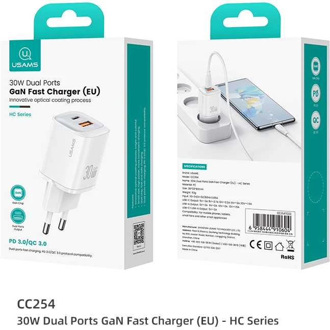 USAMS Laidinis įkroviklis CC254 30W GaNUSB-C/USB-A Fast Charging HC Series juodos spalvos CC254TC01
