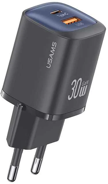 USAMS Laidinis įkroviklis CC254 30W GaNUSB-C/USB-A Fast Charging HC Series juodos spalvos CC254TC01