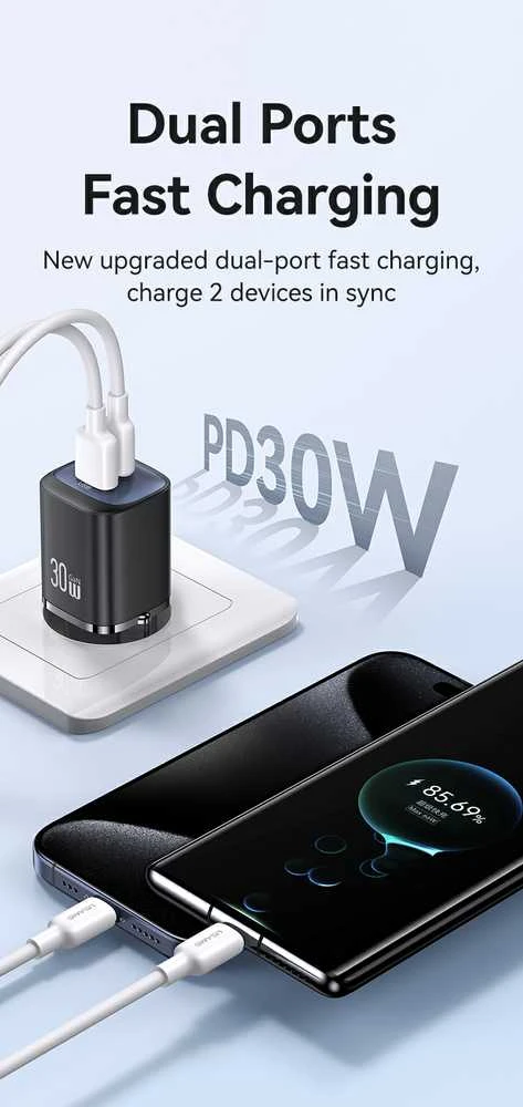 USAMS Laidinis įkroviklis CC254 30W GaNUSB-C/USB-A Fast Charging HC Series juodos spalvos CC254TC01