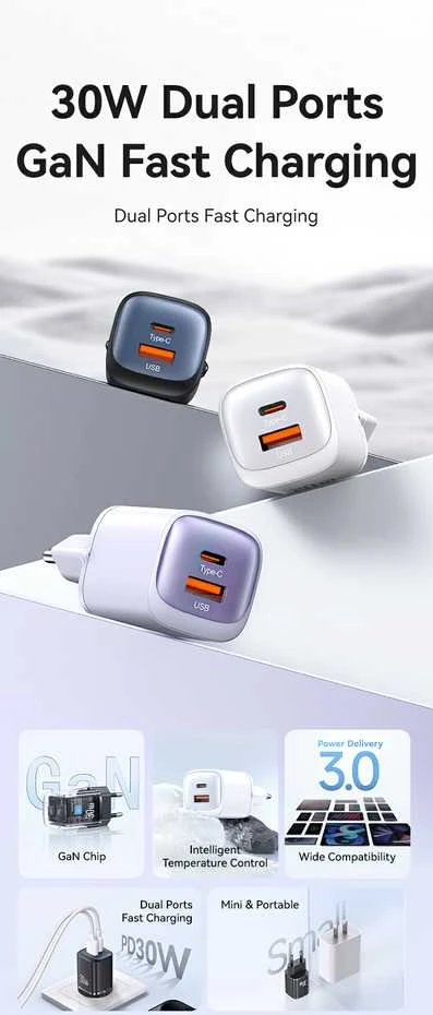 USAMS Laidinis įkroviklis CC254 30W GaNUSB-C/USB-A Fast Charging HC Series juodos spalvos CC254TC01