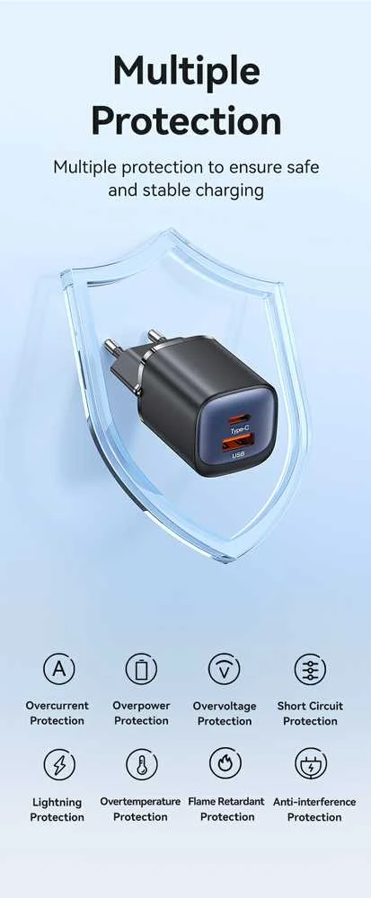 USAMS Laidinis įkroviklis CC254 30W GaNUSB-C/USB-A Fast Charging HC Series juodos spalvos CC254TC01