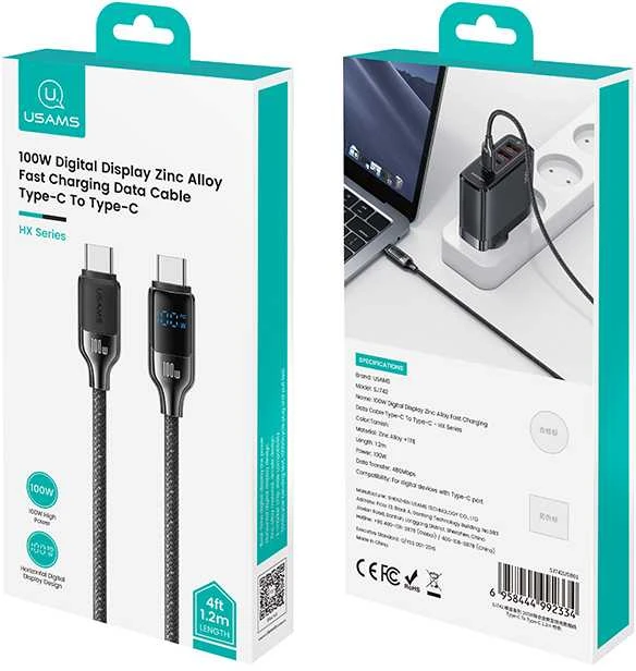 USAMS USB-C į USB-C Kabelis 100W 1.2m Digital Ekranas Zinc Alloy Fast Charging Data Kabelis HX Seri