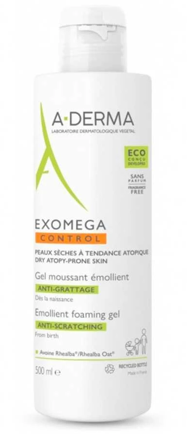A-Derma Exomega Control Emolient 2in1 valomasis gelis kūnui ir plaukams, 500 ml