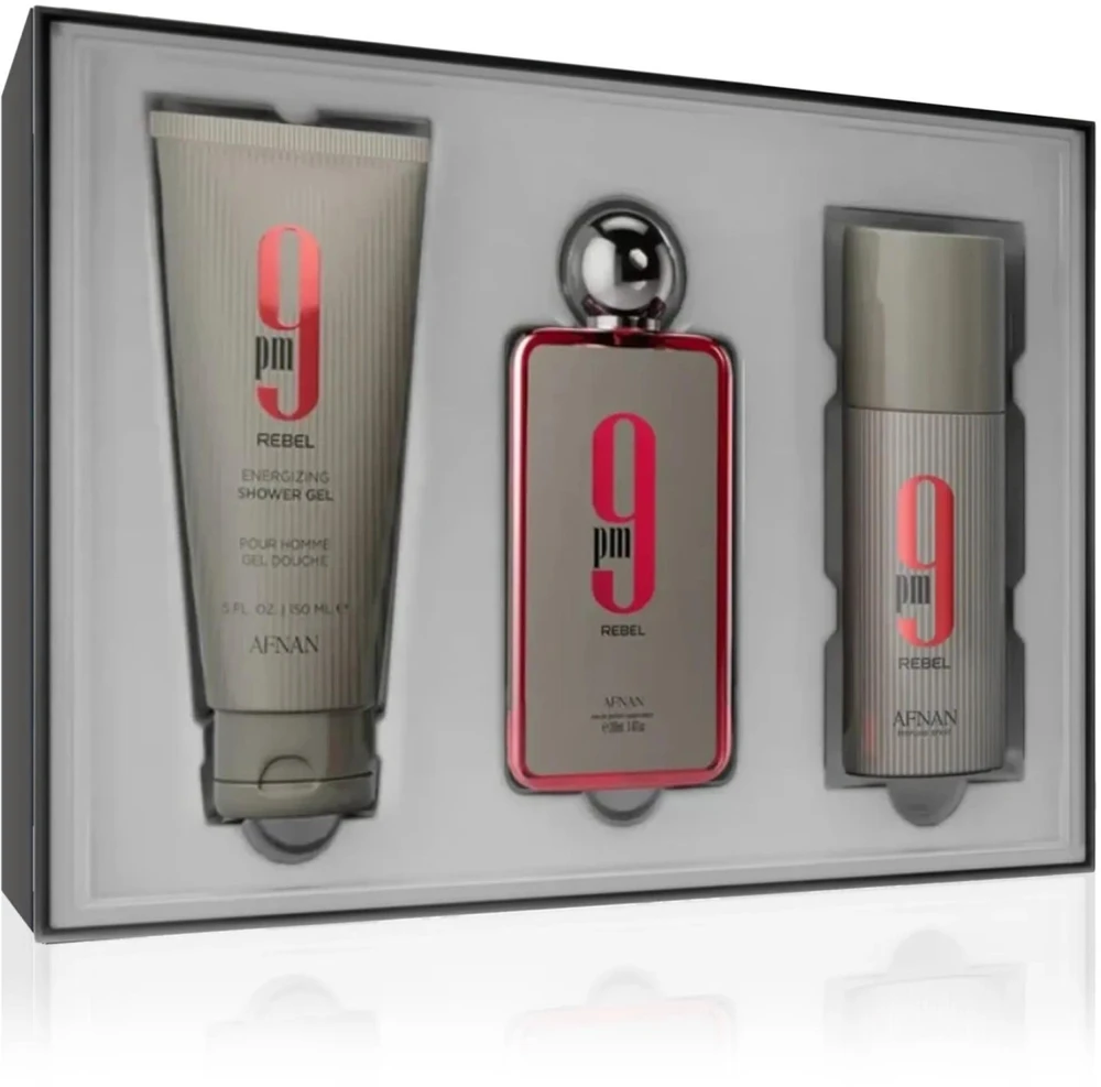 Afnan 9 PM Rebel rinkinys unisex (EDP, 100 ml + dezodorantas, 150 ml + dušo želė, 150 ml)
