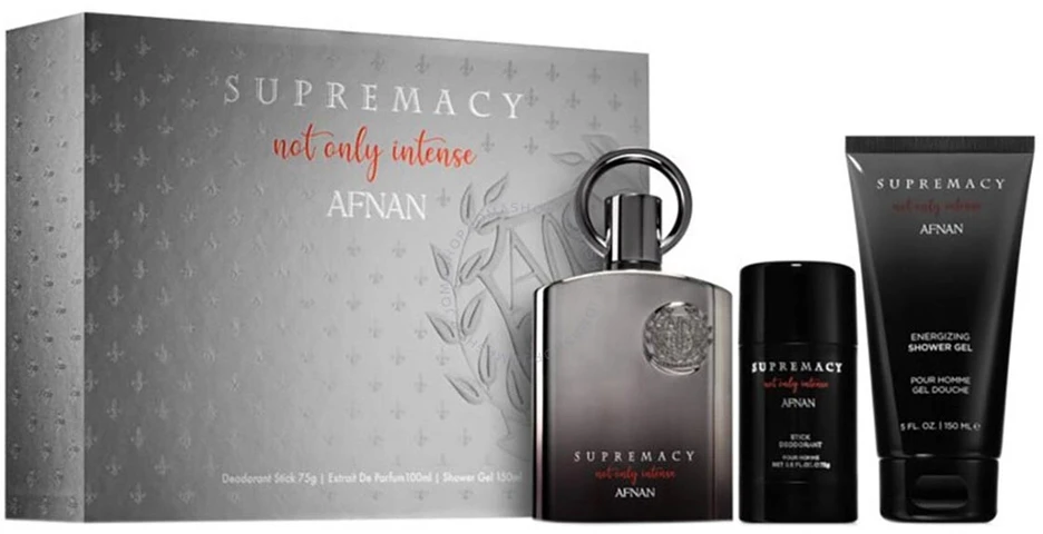 Afnan „Supremacy Not Only Intense“ kvepalai, 100 ml, kvapusis vanduo „Gel De Baño“, 100 ml, dezodorantas su pieštuku, 75 ml.