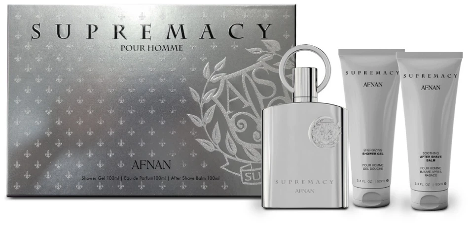 Dovanų rinkinys vyrams Afnan Supremacy Silver, EDP 100 ml + dušo želė 100 ml + balzamas po skutimosi 100 ml
