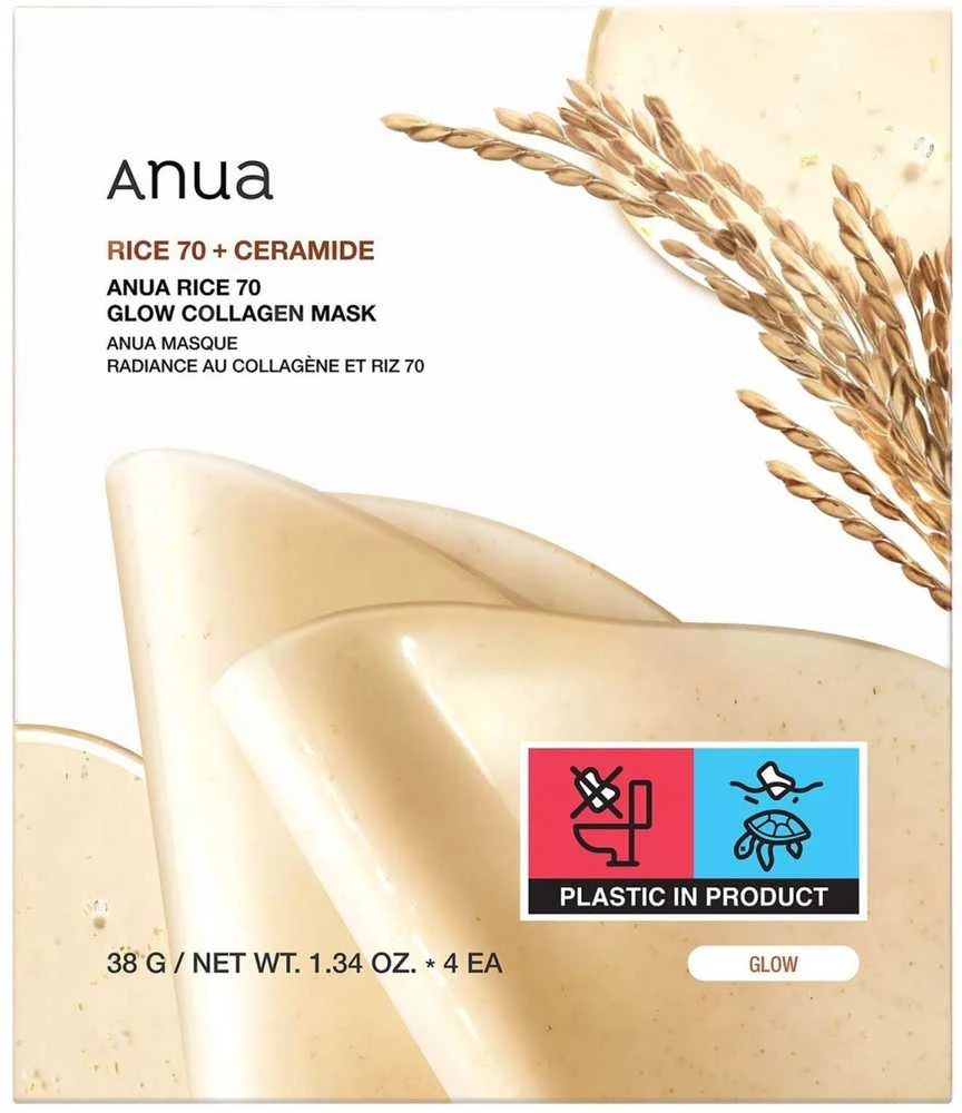 Veido kaukė Anua Rice 70+Ceramide Glow Collagen Mask 38 g 4 vnt.