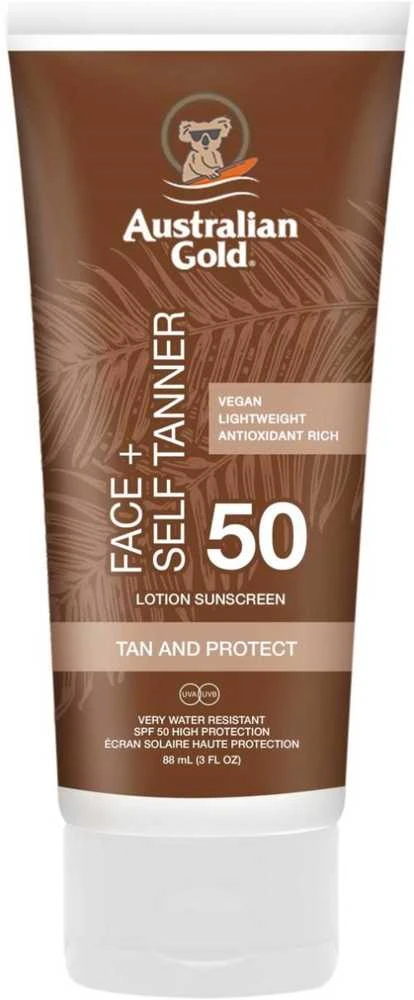 S„Australian Gold Face+ Self Tanner“ savaiminio įdegio losjonas nuo saulės su SPF50, 88 ml