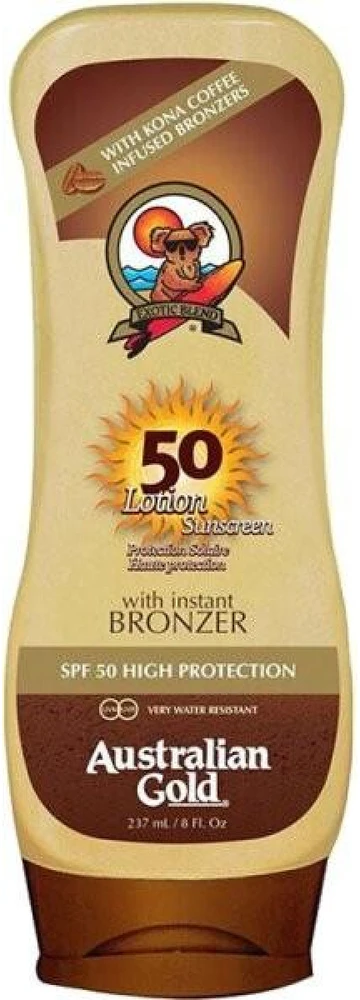 Australian Gold Instant Bronzer Lotion Sunscreen SPF 50 apsauginis losjonas nuo saulės su savaiminio įdegio pigmentais, 237 ml