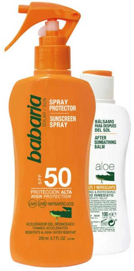 Babaria deginimosi rinkinys (apsauginis purškiklis nuo saulės SPF 50, 200 ml + losjonas po deginimosi, 100 ml) aprašymas - Prekės nuotrauka