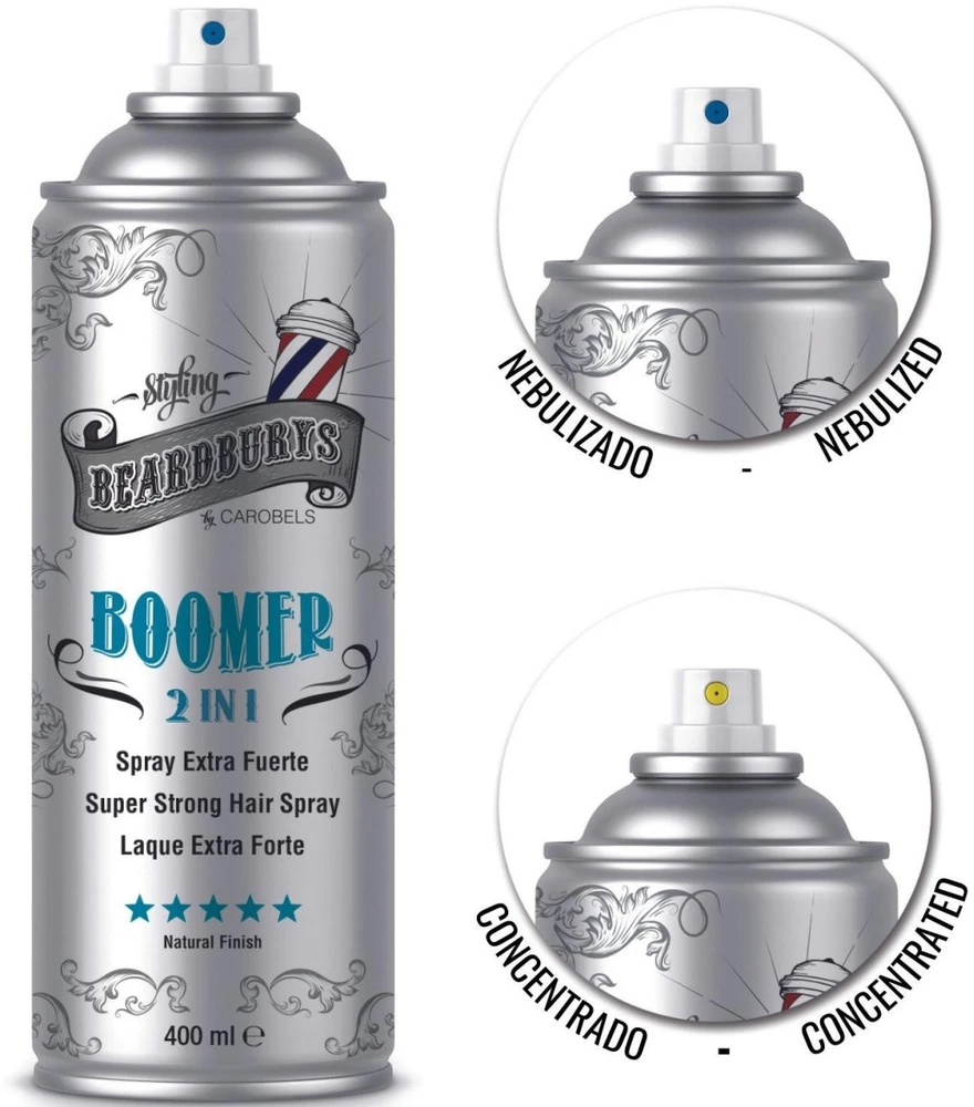 None Beardburys Boomer Lacquer 2 in 1 for Hair Extra Strong stiprios fiksacijos plaukų lakas, 400 ml