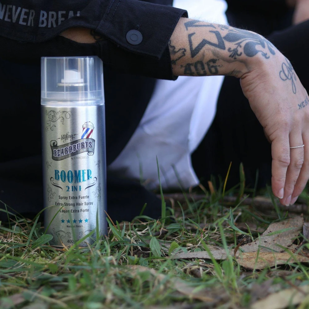 None Beardburys Boomer Lacquer 2 in 1 for Hair Extra Strong stiprios fiksacijos plaukų lakas, 400 ml