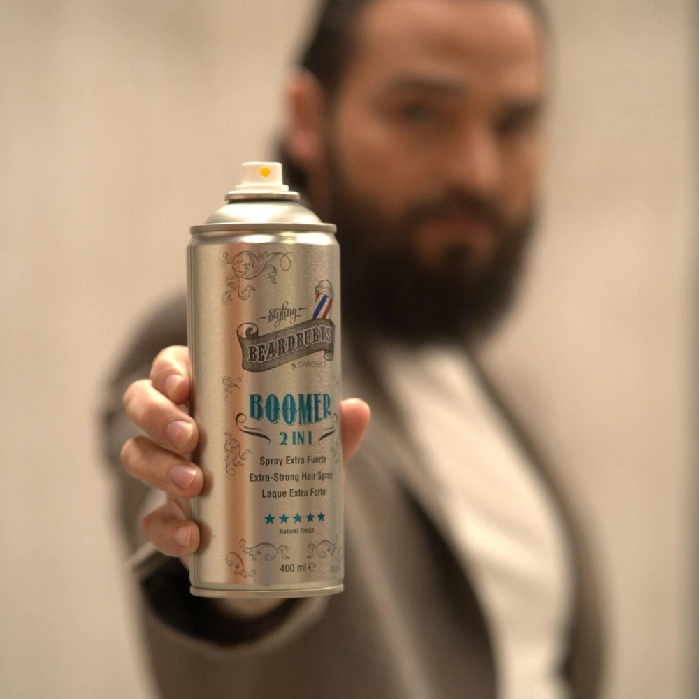 None Beardburys Boomer Lacquer 2 in 1 for Hair Extra Strong stiprios fiksacijos plaukų lakas, 400 ml