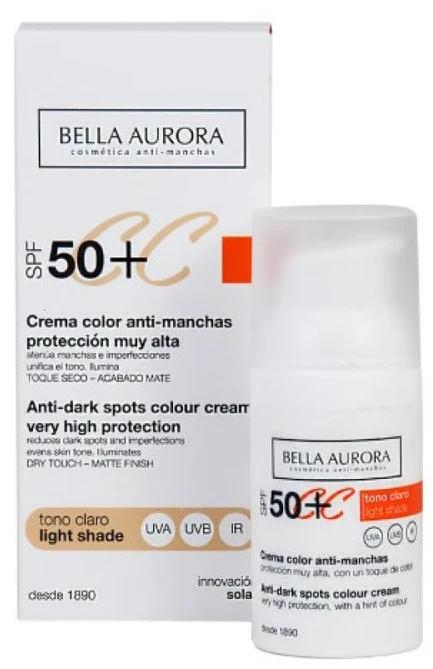 Bella Aurora CC kremas nuo dėmių Spf50 šviesus tonas 30ml