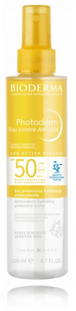 BIODERMA Photoderm Eau Solaire ANTI-OX SPF 50 apsauginis purškiamas vanduo nuo saulės veidui ir kūnui, 200 ml