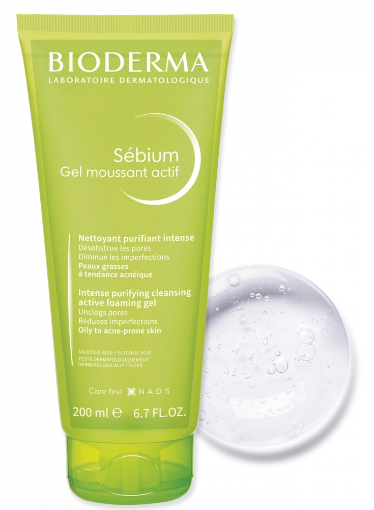 Bioderma aktyvaus poveikio rūgštinis prausiklis riebiai, į spuogus linkusiai odai SÉBIUM GEL MOUSSANT ACTIF, 200 ml