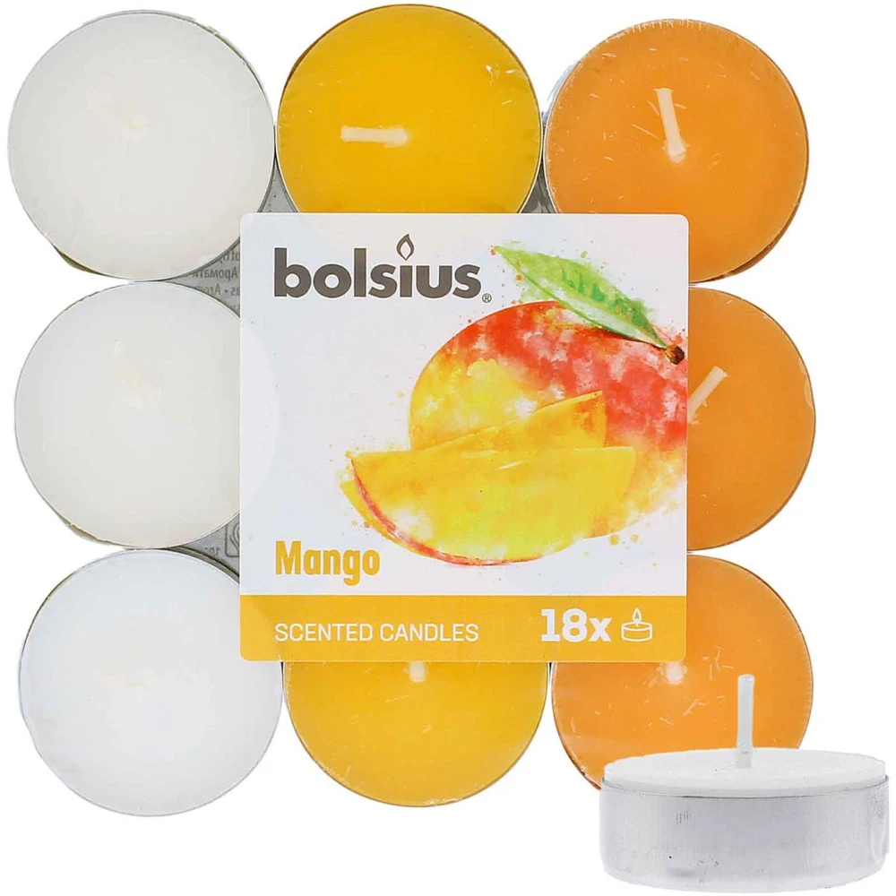 Bolsius Scented Tealights Mango 4h Tealight Candle kvepiančių arbatinių žvakių rinkinys, 18 vnt.