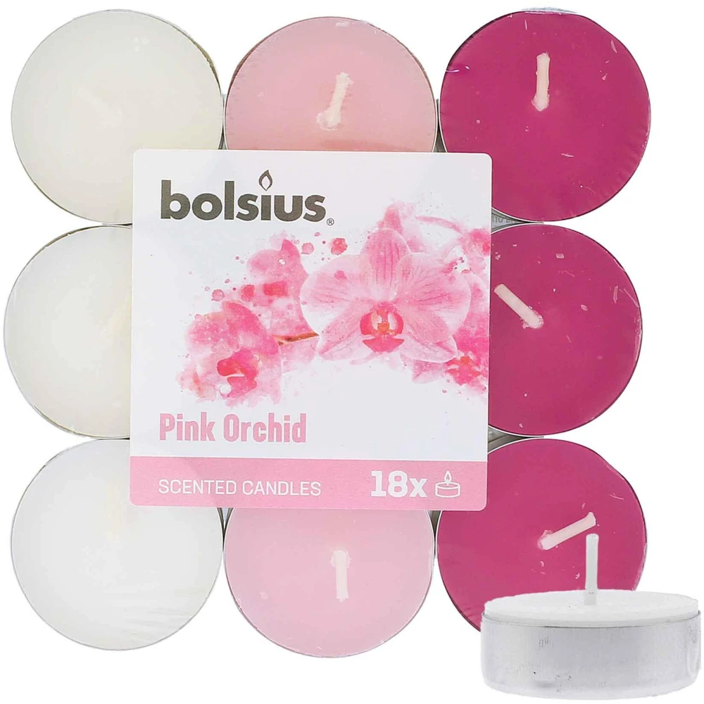 Bolsius Scented Tealights Orchid 4h Tealight Candle kvepiančių arbatinių žvakių rinkinys, 18 vnt.