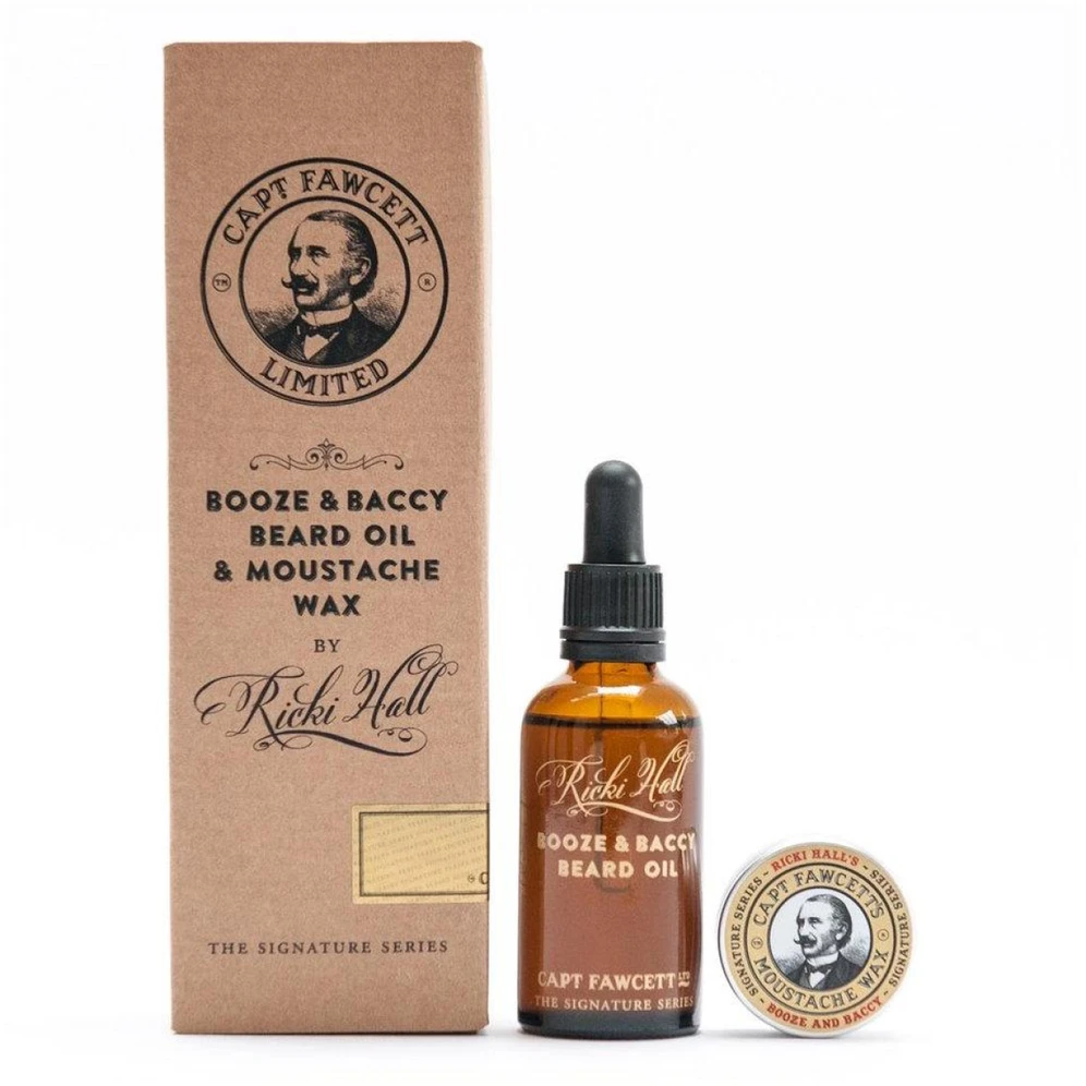 Captain Fawcett Booze & Baccy Beard Oil & Moustache Wax Gift Set barzdos priežiūros rinkinys, 1 vnt.