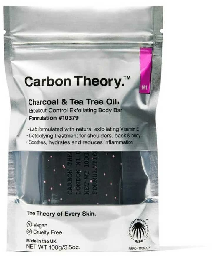 „Carbon Theory“ medžio anglies ir arbatmedžio aliejaus šveičiamoji kūno muilas „Breakout Control“ (šveičiamoji kūno muilas) 100 g