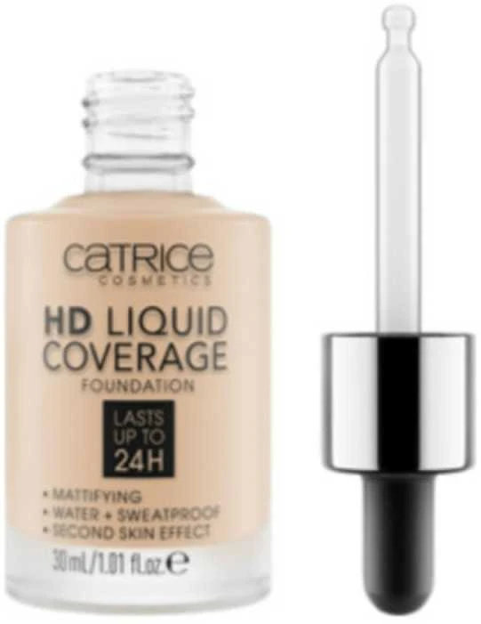 "Catrice Hd Liquid Coverage Foundation" dengiamasis makiažo pagrindas, išliekantis iki 24 val. 010 Light rusvai gelsvas 30ml