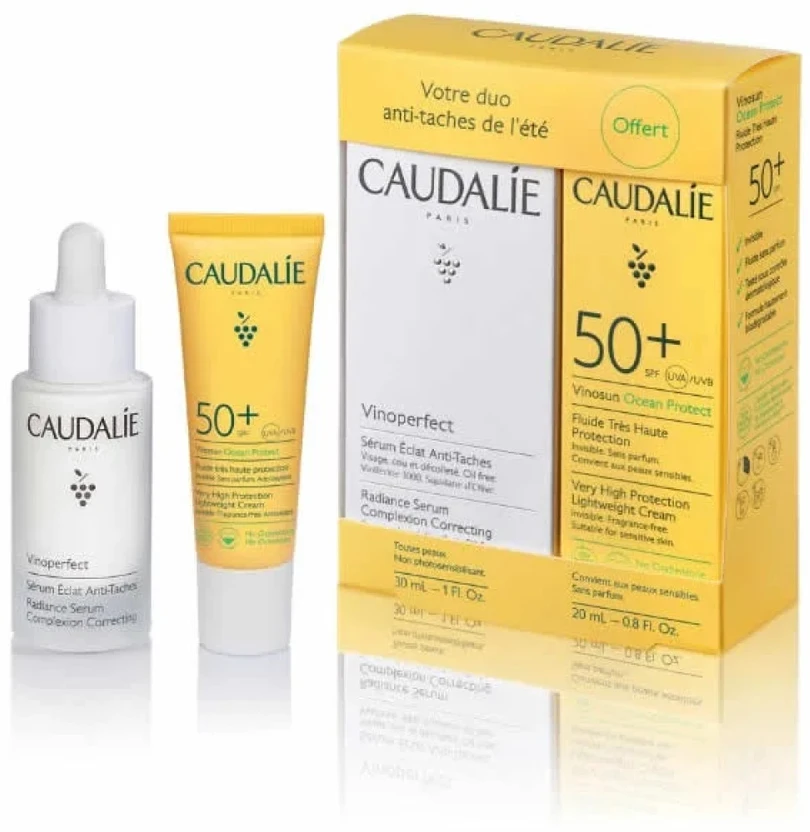 „Caudalie Vinoperfect Radiance“ veido spalvą koreguojantis serumas, 30 ml, 2 dalių rinkinys