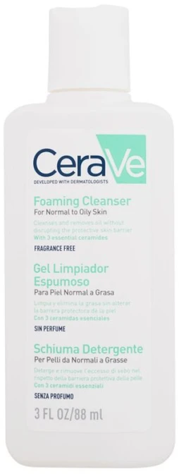 Putojantis veido ir kūno prausiklis normaliai ir riebiai odai Cerave Foaming Cleansing Gel, 88 ml.