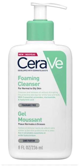 Putojantis veido ir kūno prausiklis normaliai ir riebiai odai Cerave Foaming Cleansing Gel, 236 ml