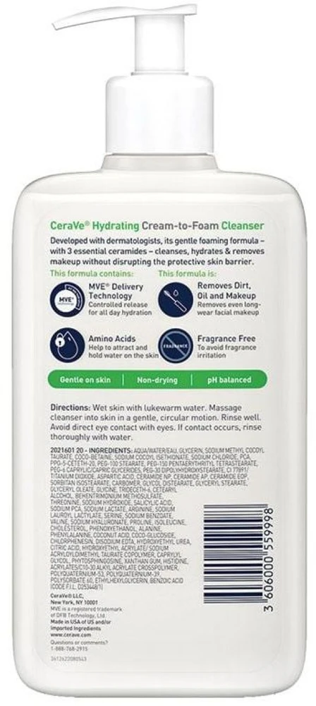 Drėkinamasis putojantis veido ir kūno prausiklis normaliai ir sausai odai Hydrating Cream-to-Foam Cleanser, 236 ml