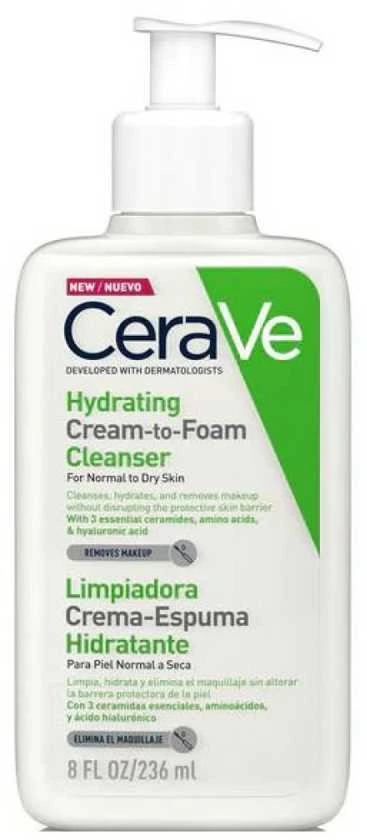 Drėkinamasis putojantis veido ir kūno prausiklis normaliai ir sausai odai Hydrating Cream-to-Foam Cleanser, 236 ml