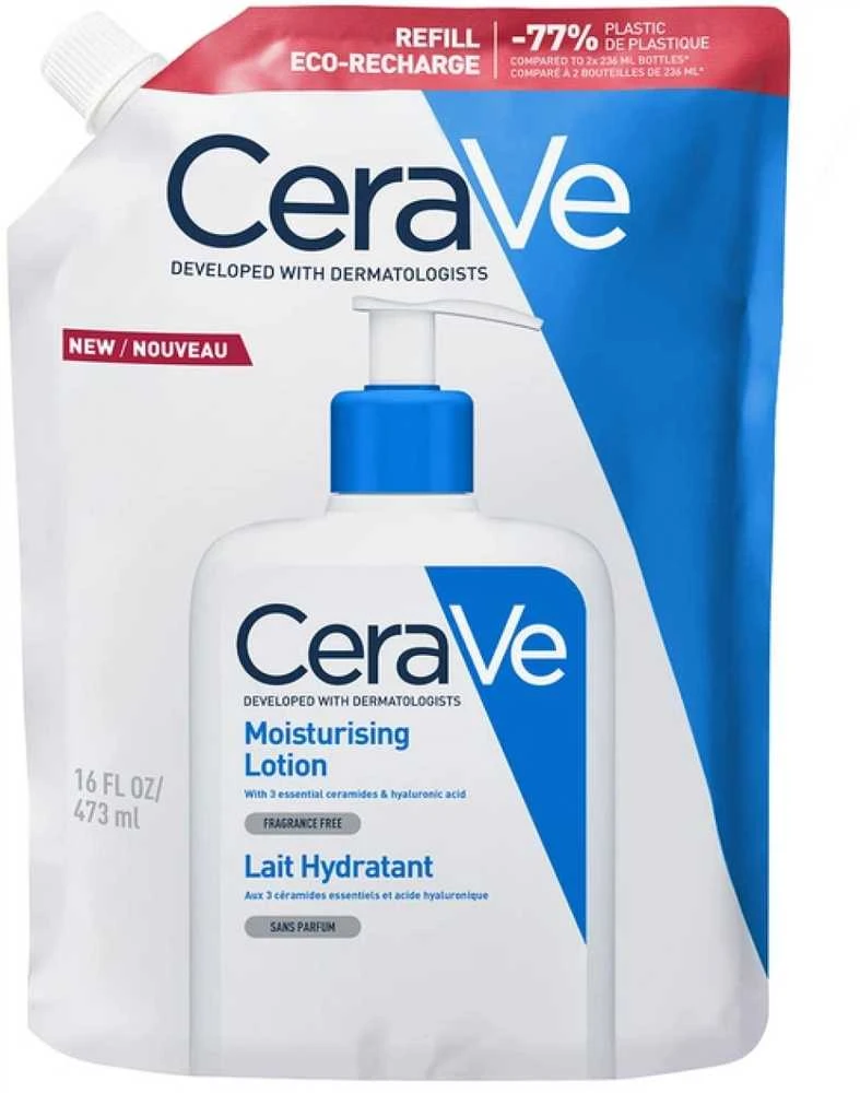 CeraVe Moisturising Lotion Eco Refill drėkinamojo veido ir kūno losjono sausai / labai sausai odai papildymas, 473 ml