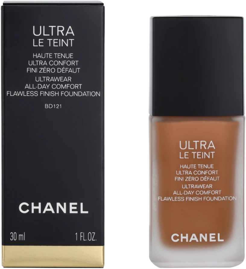 Chanel Ultra Le Teint Flawless Finish Fluid Foundation ilgai išliekanti tobulinanti kreminė pudra, matinis švytintis efektas, atspalvis: BD121, 30 ml