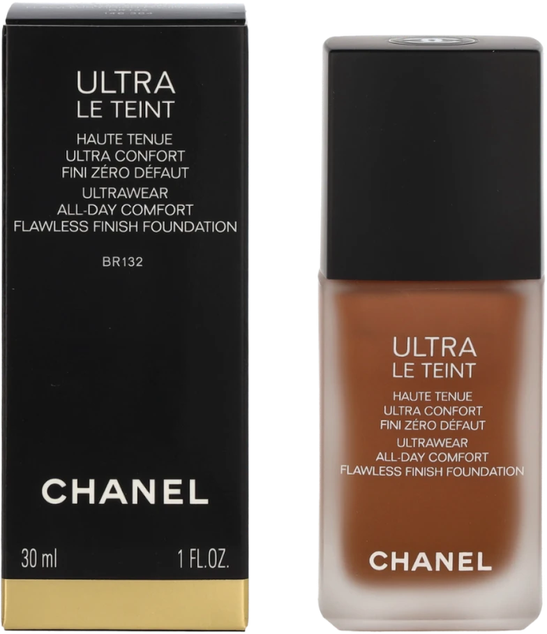Chanel Ultra Le Teint Flawless Finish Fluid Foundation ilgai išliekanti tobulinanti kreminė pudra, matinis švytintis efektas, atspalvis: BR132, 30 ml
