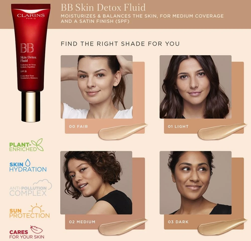 Daugiafunkcis BB veido kremas su SPF25 Clarins Skin Detox Fluid N: 01 Light, 45 ml