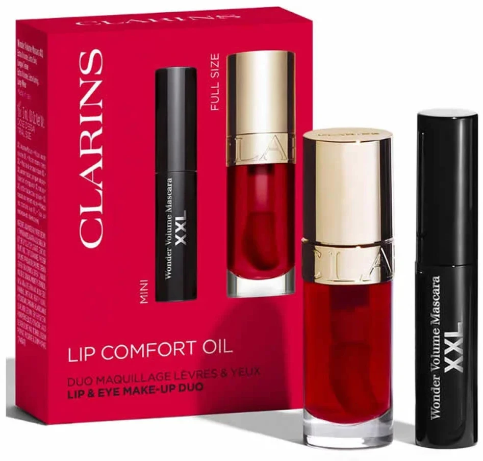 Clarins Lip Comfort Oil Set kosmetikos rinkinys (Lip Comfort Oil 03 Cherry, 7 ml + Wonder Volume Blakstienų tušas XXL 01 Extreme Juodas, 3 ml)