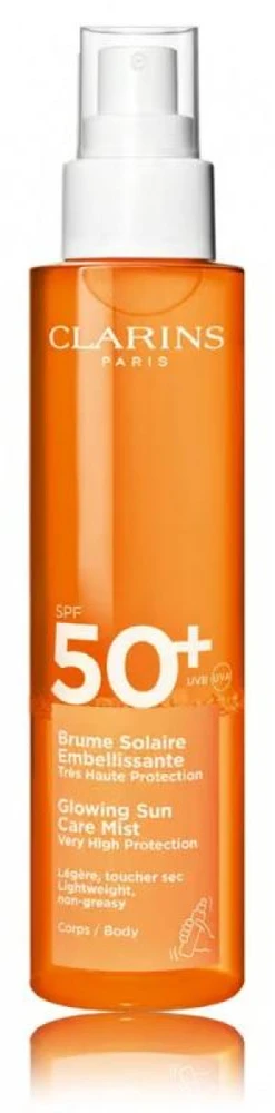 Clarins Glowing Sun Care Mist SPF 50+ dvifazė apsauginė purškiama dulksna nuo saulės, 150 ml