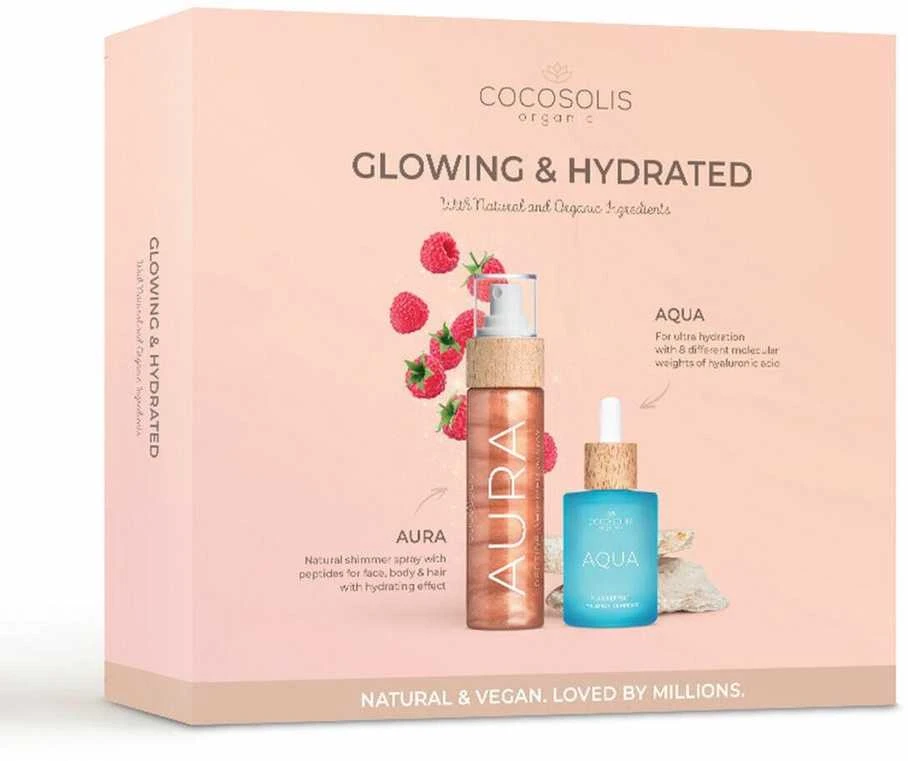 Cocosolis Cocosolis Glowing & Hydrated veido priežiūros rinkinys (serumas Aqua Filler-Effect, 50 ml + Aura Peptide Shimmer Purškiklis, 100 ml)