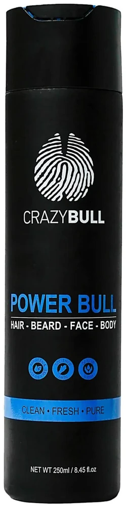 CrazyBull Power Bull Hair-Beard-Face-Body Šampūnas šampūnas plaukams, barzdai, veidui ir kūnui, 250 ml