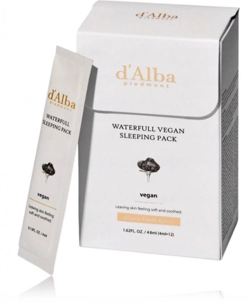 d'Alba Baltas Truffle Waterfull Vegan Sleeping Pack naktinė veido kaukė su baltaisiais triufeliais, 12 x 4 ml