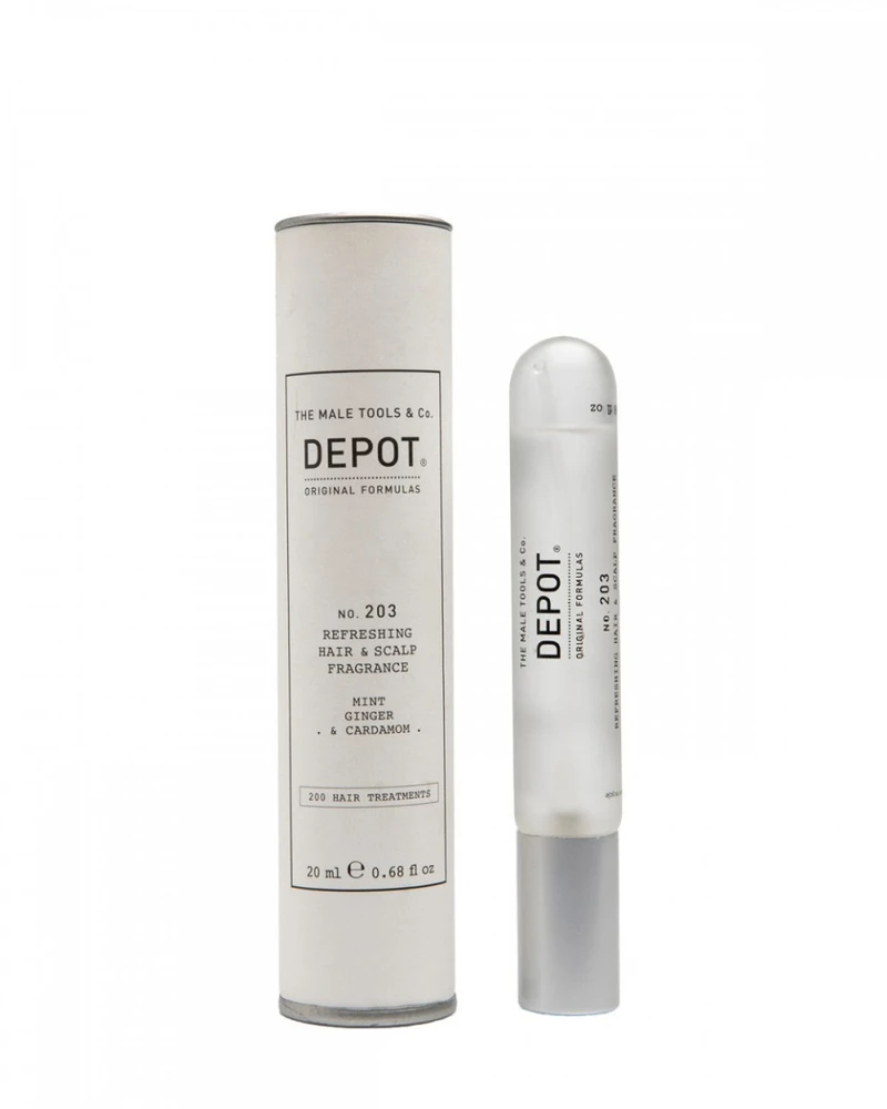 „Depot 200“ plaukų procedūros Nr. 203. Kvapusis plaukų purškiklis vyrams. Mėtų, imbiero ir kardamono. 20 ml.