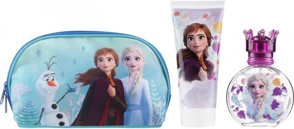 Disney Frozen II vaikiškos kosmetikos rinkinys (EDT tualetinis vanduo, 50 ml + dušo želė, 100 ml + kosmetinė)