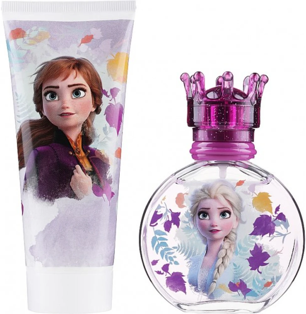 Disney Frozen II vaikiškos kosmetikos rinkinys (EDT tualetinis vanduo, 50 ml + dušo želė, 100 ml + kosmetinė)