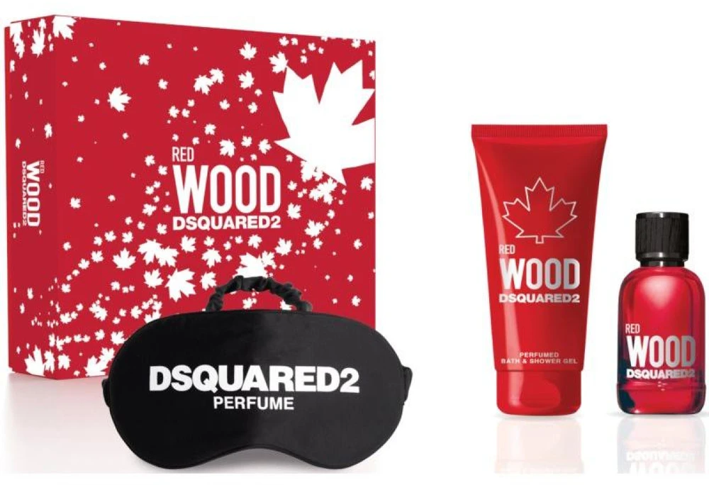 Dsquared2 Raudona Wood rinkinys moterims (EDT, 50 ml + dušo želė, 100 ml + miego kaukė)